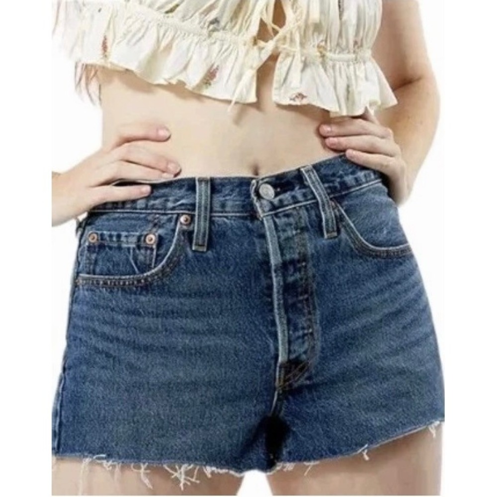 Levi's 501 High Rise Cutoff Denim Jean Shorts Dark Wash Button Fly‎ Women's 27 - Picture 3 of 5